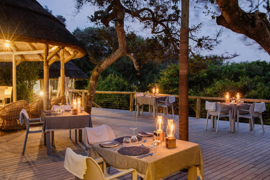 Outdoor dining area of Thonga Beach Lodge situated within the iSimangaliso Wetland Park in KwaZulu-Natal